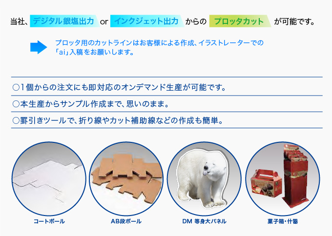 当社、デジタル銀塩出力 or インクジェット出力 からの プロッタカット が可能です。